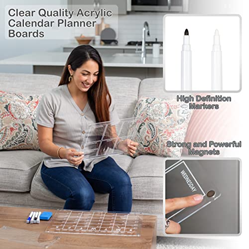 3 Planning Boards Clear White Acrylic Magnetic Calendar For Fridge 8Pc Set. Monthly Planner, Weekly Magnetic Calendar For Refrigerator, Blank Dry Erase Board For Refrigerator, Magnet Markers, Eraser #TOP3