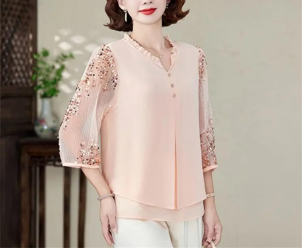 Camicetta estiva da donna in chiffon con scollo rotondo in pizzo patchwork maniche a 3/4 top leggero
