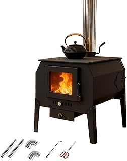 Poele a Bois Portable avec Fenêtre D'observation, Poêle à Bois pour Chalet, Camping, Tente et Usage Familial, avec Conduit de Cheminée en Acier Inoxydable(50cm/20in)