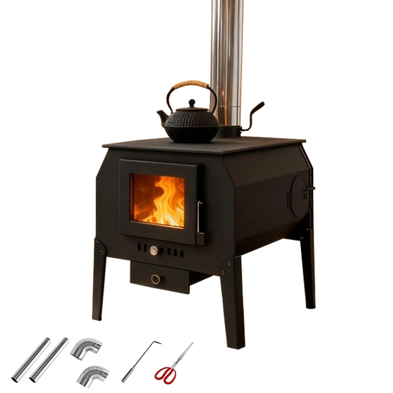 Poele a Bois Portable avec Fenêtre D'observation, Poêle à Bois pour Chalet, Camping, Tente et Usage Familial, avec Conduit de Cheminée en Acier Inoxydable(50cm/20in)