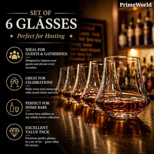 Image of PrimeWorld Old Fashioned Whiskey Glasses 300 ml - Set of 6 Pcs | Hand-Blown Lead-Free Crystal Glass Tumblers for Bourbon, Scotch, Whisky, Cocktails & Cognac | Premium Barware for Men & Women