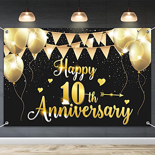 HAMIGAR 6x4ft Happy 10th Anniversary Banner Backdrop - 10 Wedding Anniversary Decorations Party Supplies - Black Gold
