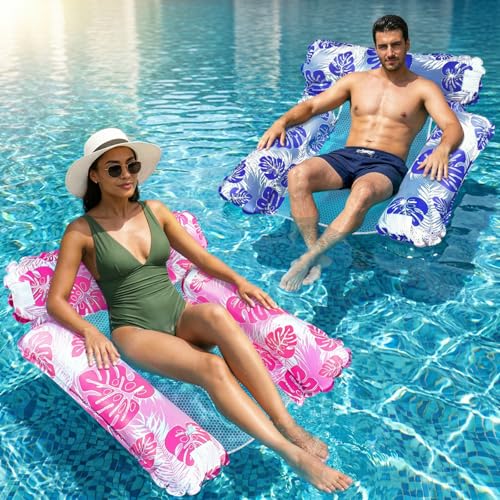 Jsdoin Pool Inflatables 2 Pack Inflatable Pool Toys Inflatable Pool Chair for Adults Swimming Pool Water Hammock Tanning Pool with 3 Floating Pipes Monstera leaf(Red+Blue)(3 Floating Pipes)
