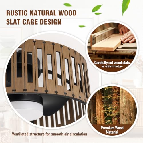 Image of Fandelier Ceiling Fan with light,Low profile Ceiling Fan with LED lights boho Ceiling Fan Farmhouse 20 inch Caged bladeless wood ceiling fans remote for Bedroom Kitchen Kid's Room