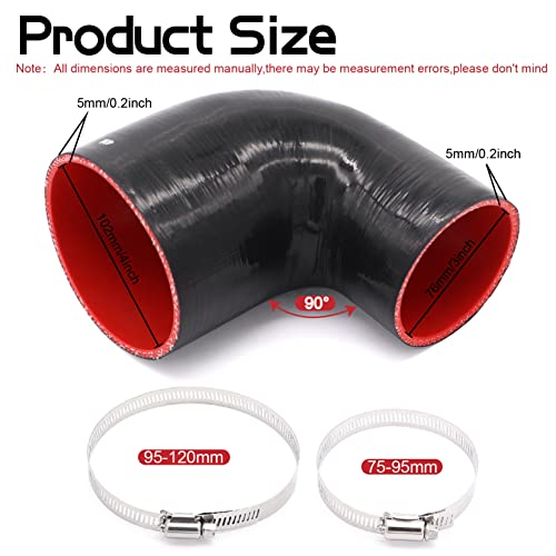 Image of 90 Degree ID 3inch to 4inch Elbow Coupler Silicone Hose 4-Ply with 2PCS Stainless Steel T-Bolt Clamp
