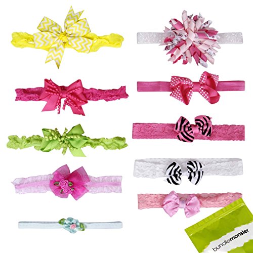 Bundle Monster 10 pc Baby Girls Bow Ribbon Elastic Fabric Lace Headbands - Set 2