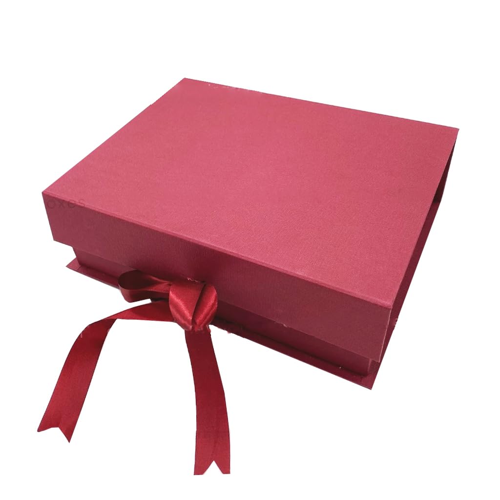 MEXZA Gift Box Foldable Collapsible Hardboard Rakhi Empty Box With Satin Ribbon Multipurpose Decorative Hamper Box Holds 10 Kg Presents Reuse Valentine (30X 26 X 8 Cm-Large) (Maroon),Pack Of 1