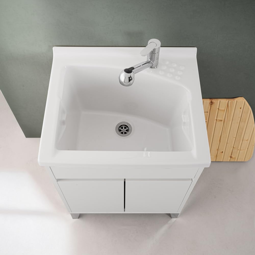 Mobile Lavatoio 60x50 Cm Bianco Lucido Way Con Vasca In Ceramica Dolomite, Struttura Già Montata In Legno Nobilitato Con 2 Ante E Apertura A Gola Asse Non Inclusa