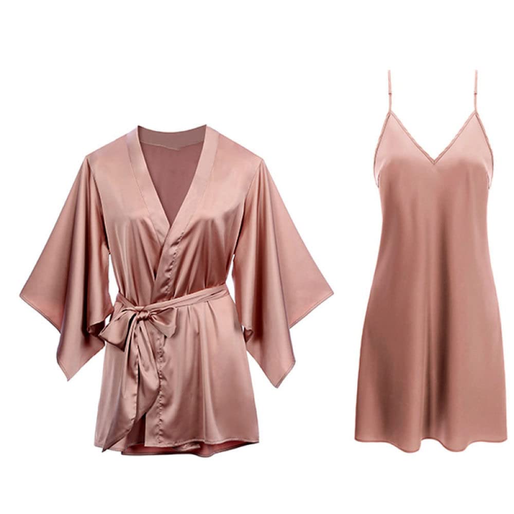 Accappatoio Donna,Accappatoio In Due Pezzi In Raso Tinta Unita Con Cintura Kimono Accappatoio Arancione Bruciato Leggero Pigiama Corto Set Sexy Scollo A V Vestaglia Da Sposa Sleepwear Bademantel Dam