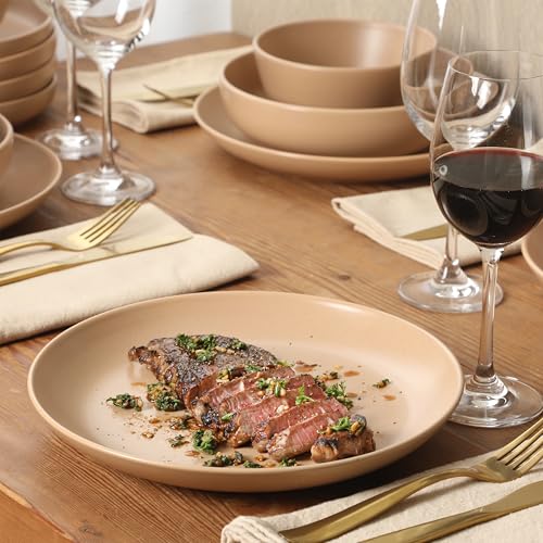Image of Gibson Elite Leeds Court Plates and Bowls Sets, 16-Piece Stoneware Dinnerware Sets, Terracotta, Round Speckle Reactive Glaze Dish Set