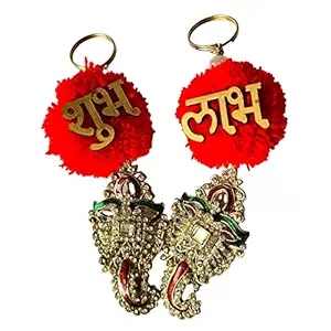 Mirakii Shubh Labh Door Hangings Plates with Bells & Jewels for Door Office or Room Entrance Decoration or Diwali Decoration, Red