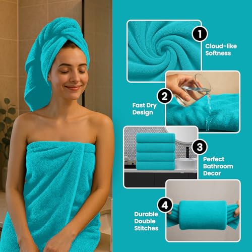 Turquoise Bath Towels - 4 Pack | 30"x60" - 700 GSM Towels for Bathroom - 100% Cotton Hotel Towels for Bathroom Luxury | 800g Towel for Spa, Bathrooms & Hotel-Grade Indulgence