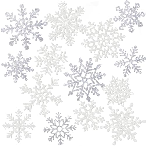 Winter Snowflake Cutouts - Glitter Paper Snowflake Decorations - 50Pcs White & Silver Double-Side Christmas Cutouts for Holiday Winter Wonderland Bulletin Board Frozen Party Decor