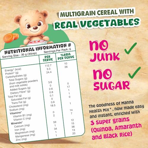 Image of Manna Health Mix Instant Multigrain Cereal, Beetroot & Carrot with Milk.Made with Real Vegetables and 8 super grains and millets. No Added Sugar, No Artificial Color, Flavors 200g (Pack of 3)