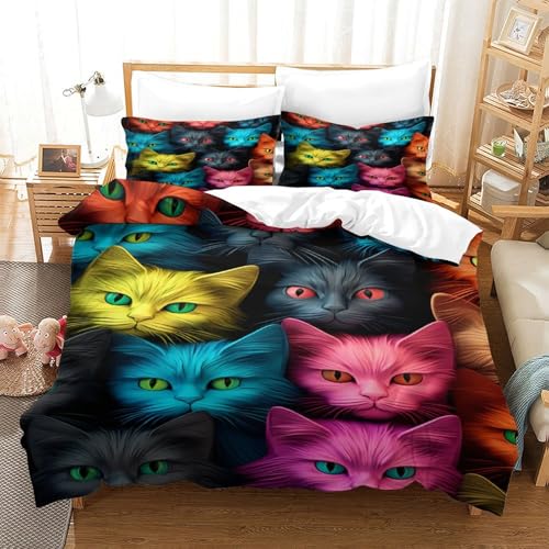 Housse de couette chat 140x200 cm avec 2 taies d'oreiller en microfibre