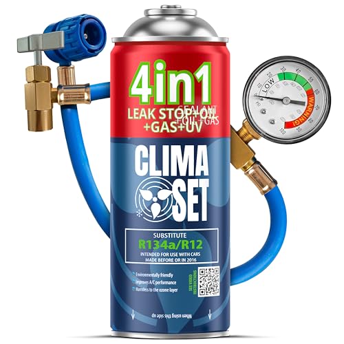 CLIMASET - 4 En 1 Gaz de Recharge pour Climatisation R134a, Huile, Produit D'étanchéité Avec Colorant UV + Tuyau - Kit de Recharge de Gaz pour Climatisation et de Détection de Fuites
