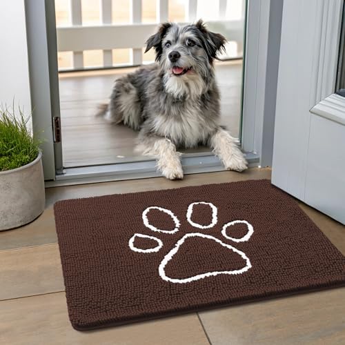 Image of Smiry Dog Door Mat for Muddy Paws, Absorbent Dirt Trapper Non Slip Quick Dry Washable Chenille Mat for Mud Dogs, Entry Rug for Indoor and Outdoor (24x16 Inches, Brown and White)