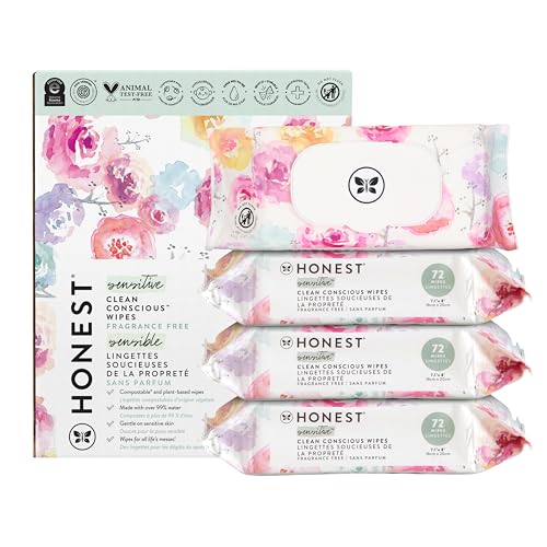 Image of The Honest Company Clean Conscious Multi-Use Wipes Unscented Hypoallergenic Baby for Sensitive Skin 99% Water Plant-Based Compostable Rose Blossom 288 Count