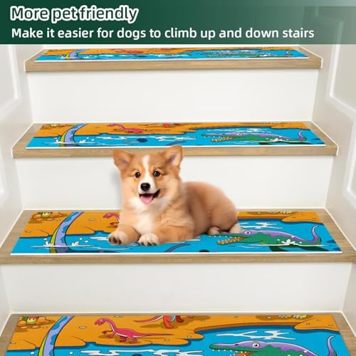 Alfombrillas de escalera antideslizantes con diseño de dinosaurios para peldaños de interior 6