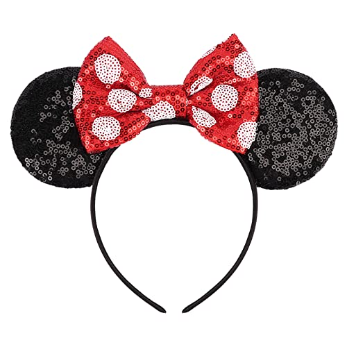 AQOKKA Cerchietti per Capelli con Orecchie di Topolino, Accessori per Capelli Glitterati, Decorazione per Feste e Cosplay, Costume per Ragazze e Donne, 1 Pezzo: Nero con Fiocco Rosso a Pois, Taglia