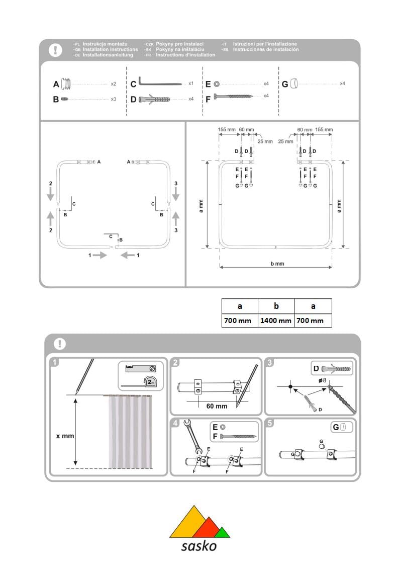 Sasko Duschvorhangstange Duschstange Ecke U-Form Duschvorhang Weiß - 200 Größen hergestellt in Polen -Aluminium Stabile für Vorhang für Badewanne & Dusche 70x140x70 cm - Ohne Deckenhalterung