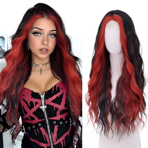WECAN Red and Black Wig-Long Wavy Black and Red Synthetic Wig Heat Resistant Fiber Wigs for Daily Party Halloween Cosplay