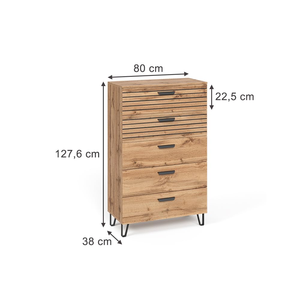 Vicco Cassettiera per camera da letto Amber, Quercia Wotan, 80 x 127.6 cm con 5 cassetti, con vano portaoggetti per spazio aggiuntivo
