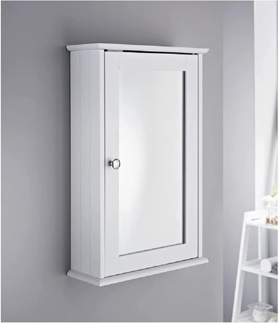 Saxony® Bathroom Slim Single Door Mirrored Cabinet Bathroom cupboard Wall Mounted wooden Modern Storage Unit with Internal Shelf and Display Shelf White