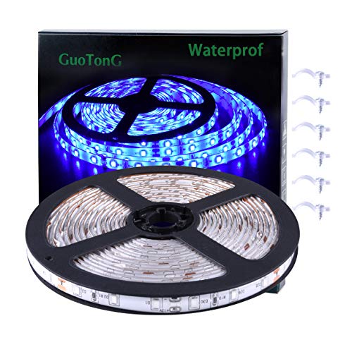 GUOTONG White LED Strip Lights, Waterproof cuttable 300 SMD 2835 LED Tape, 6000K 12V 16.4ft/5m Flexible Ribbon, Kitchen Cabinet Lighting, Outdoor/Indoor (Blue(16.4ft))