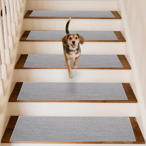 GROWLING Linen Stair Treads for Wooden Steps Indoor 36x9 inch,7pcs Upgraded Self Adhesive Backing Non Slip Stair Carpets, Peel and Stick Stair Runner Rugs, Reusable Staircase Step Treads(Grey)