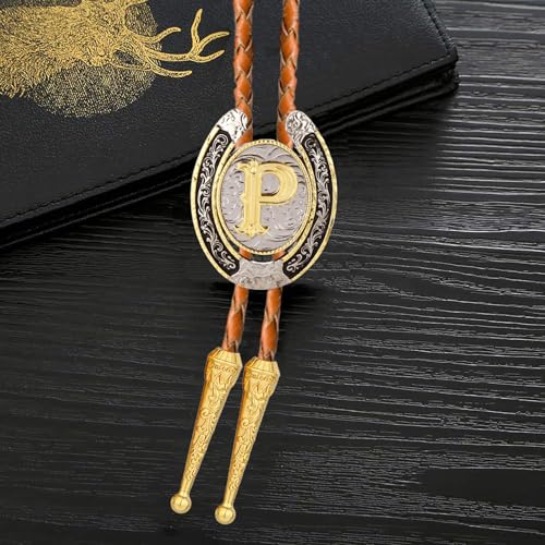 Image of Bolo tie for Men Western Cowboy Brown Leather Necktie Gold Initial Letter ABCDJMR to Z Bolo ties for Women