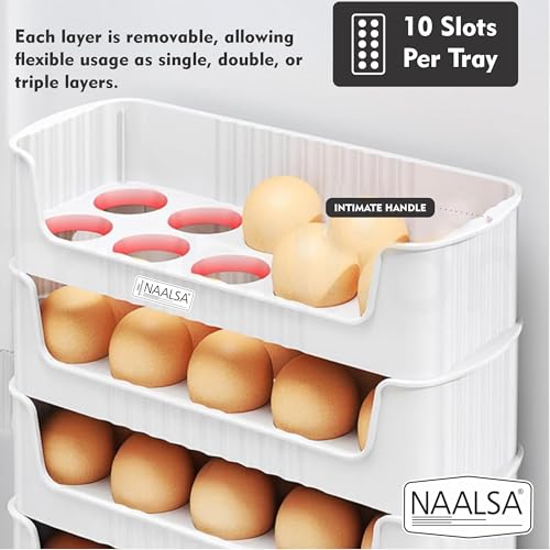 Image of NAALSA ELITE Egg Tray Set of 3 Stackable, 30 Egg Storage, 10 Slots Per Tray, Egg box Space-Saving Organizer for Fridge Side Door, Tabletop & Cabinet, BPA-Free, Durable, Detachable, Freezer Safe