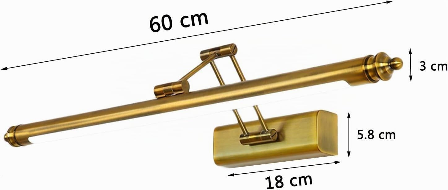Lampada da Specchio Bagno Vintage, Luce da Specchio Retro Ottone con Braccio Regolabile e Base in Acciaio Inox, Lampada Bagno Parete LED Lampada Armadio Luce Calda 3000K per Toilette,60cm/12w