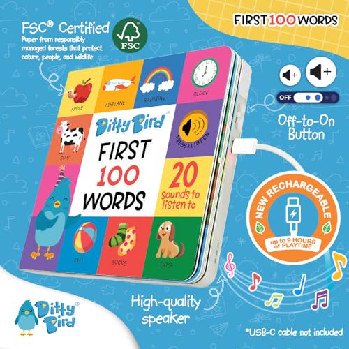 Ditty Bird Talking Books 100 Words | Fun Vocabulary & Speech Learning for Babies | Board Books for Toddlers 1-3 | Children's Interactive Toddler Books with Great Pictures | Sturdy Baby Sound Books