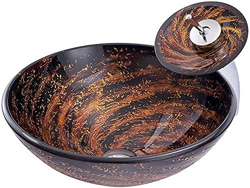 GUHPZA Washbasin Countertop tempered washbasin Countertop round washbasin Hand washbasin with waterfall faucet, drainer, thickness 12cm