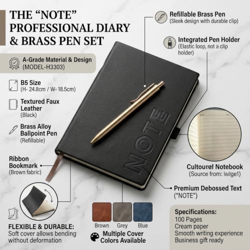 Image of A5 Premium Leatherette Diary Notebook with Metal Pen, Ruled Journal for Office Meetings, Daily Planner, Business Notebook, Writing Journal, Work Organizer, Executive Notebook for Men & Women