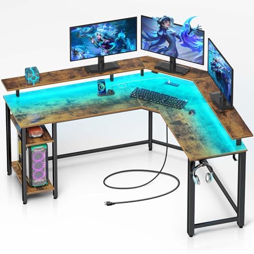 Image of Rolanstar L Shaped Gaming Desk with LED Lights & Power Outlets, 55.1 inch Computer Desk with Full Monitor Stand & Storage Shelf, Corner Desk with Hooks, Rustic Brown Desk Reversible