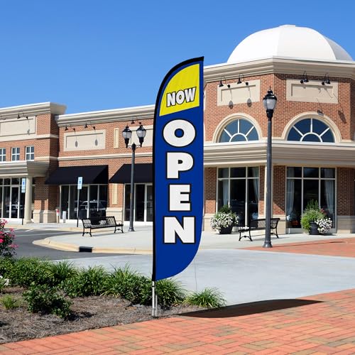 Image of LookOurWay Feather Flag Pole Kit - 12 Feet Tall Advertising Flag Banner with Fiberglass Pole Kit and Ground Spike for Business Promotion - Grand Opening Flags - Now Open Blue & Yellow (10M1200029)