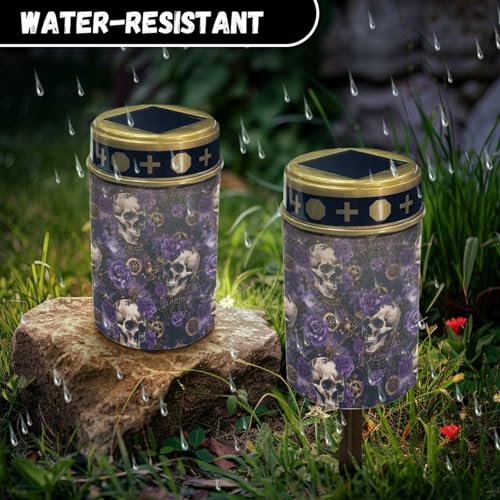 Image of Skull Rose LED Solar Lights for Patriotic Landscape Waterproof Solar Power Light Flameless Candle for Cemetery Grave Halloween Decorations 2 Pcs