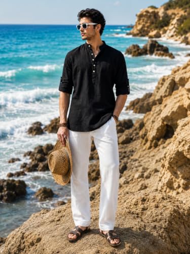 Image of Majestic Man Men's Pure Cotton Solid Mandarin Collar Slim Fit Roll-Up Sleeves Short Kurta Lightweight Summer Kurta for Daily & Occasion Use