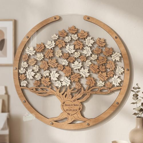 Image of Personalized Fall Maple Tree Drop Box Wedding Guest Book Alternative | Rustic autumn wedding guestbook alternative with leaf drop box, guests sign leaves to fill the maple tree keepsake