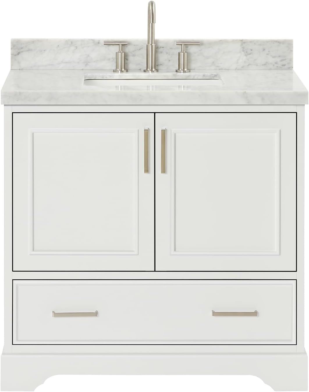 ARIEL Stafford 36-inch Bathroom Vanity with Sink,Solid Wood, 1.5-inch Italian Carrara Marble Countertop & Backsplash, Single Rectangle Porcelain Sink, 2 Soft Closing Doors, 1 Dovetail Drawers, White