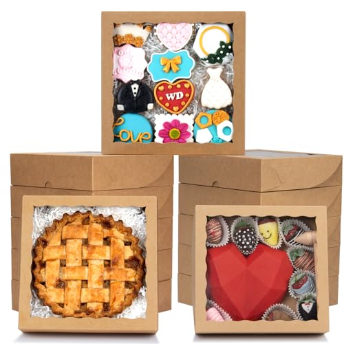 RomanticBaking - RomanticBaking 24pcs 10x10x2.5 Inches Brown Bakery Boxes with Window Cookies Boxes Pie Boxes Chocolate Covered Strawberries Boxes Cakesicle Browines Box for Christmas Valentine's Day