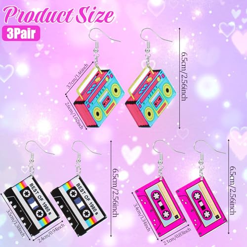 3 Pairs 80s 90s Retro Cassette Tape Neon Earrings for Women, 80s 90s Outfit Acrylic Radio Drop Earring, Neon Jewelry for 80s/90s Accessories Halloween Cosplay Music2