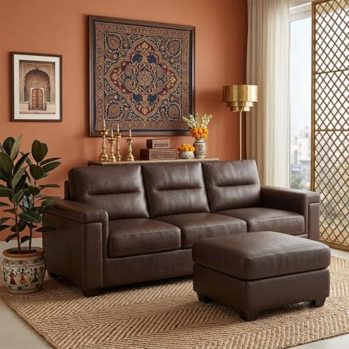Image of FURNY Parker 3 Seater Sofa Set with Ottoman | Premium Suede Velvet Fabric Finish | Durable Comfort Sofa for Modern Living Room & Office Spaces (Dark Brown Leatherette)