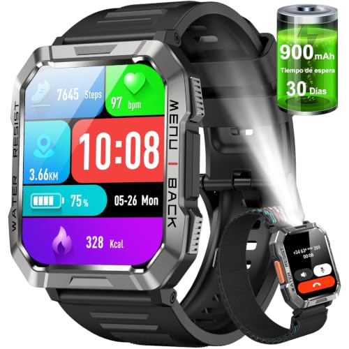 Smartwatch Herren mit Taschenlampe, Kompass, 2 Armbänd und 900-mAh-Akku Wasserdichte Militär Smartwatch (2,01 Zoll) mit Anruff… – Ansicht 1