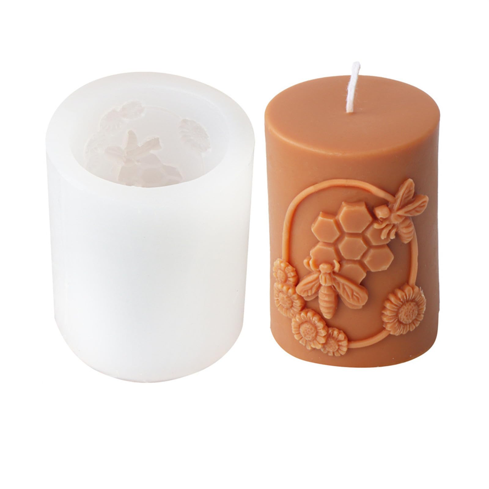 Xidmold Bee Honeycomb Flower Cylinder Candle Mould, Honeybee Beehive Pillar Silicone Mold for Beeswax Candle, Soy Wax Candle, Plaster Ornament, DIY Crafts (D)
