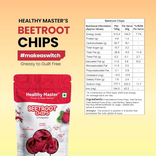 Image of Healthy Master Beetroot Chips Combo 600g (100g Each) Pack of 6 | Light & Crispy | High Protein Chips | Gluten-Free | No Maida, No Palm Oil | Low-Calorie | Healthy Snacks for Adults & Kids
