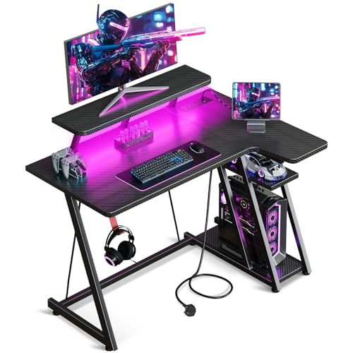 ODK Gaming Desk with LED Lights & Power Outlets, 100CM Computer Desk with Monitor Stand, Corner Desk...