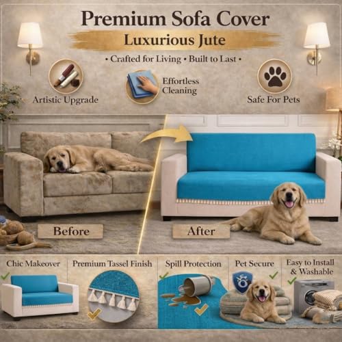 Image of STITCHNEST Jute Sofa Cover - Blue, 70x60 Inch | Soft Textured Fabric with Tassel| Full Coverage Sofa for Living Room Decor